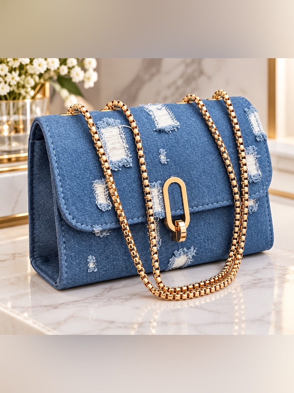 🩵🆕🩵Denim Distressed Chain Shoulder Bag